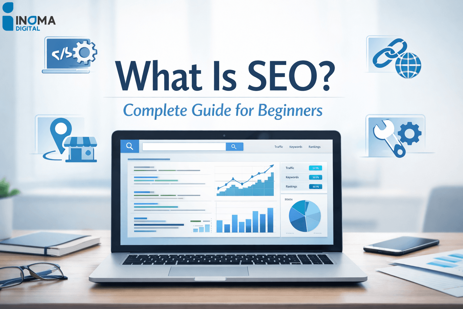 Featured image showing a modern digital marketing workspace with a laptop displaying SEO dashboards, keyword graphs, and analytics, with the headline “What Is SEO? Complete Guide for Beginners.”