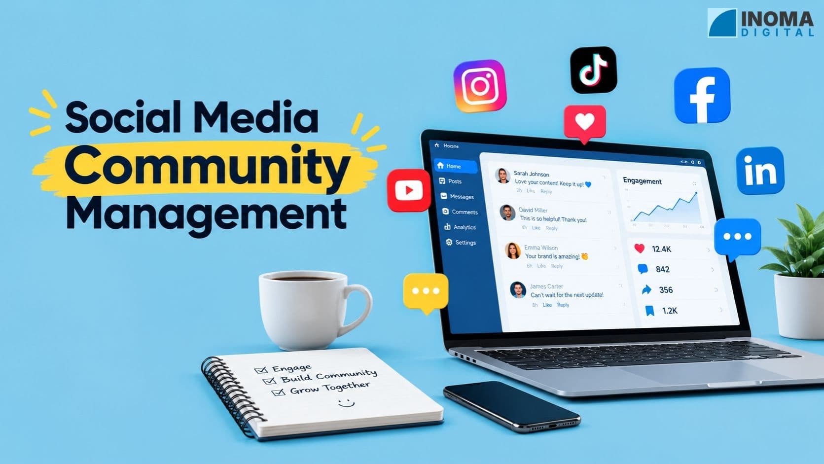 Social Media Community Management banner featuring engagement dashboards, social media icons, chat notifications, and a professional workspace.