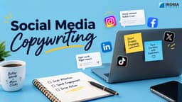 Social Media Copywriting banner with laptop, social media icons, notebook, and notes highlighting engaging content that drives action.