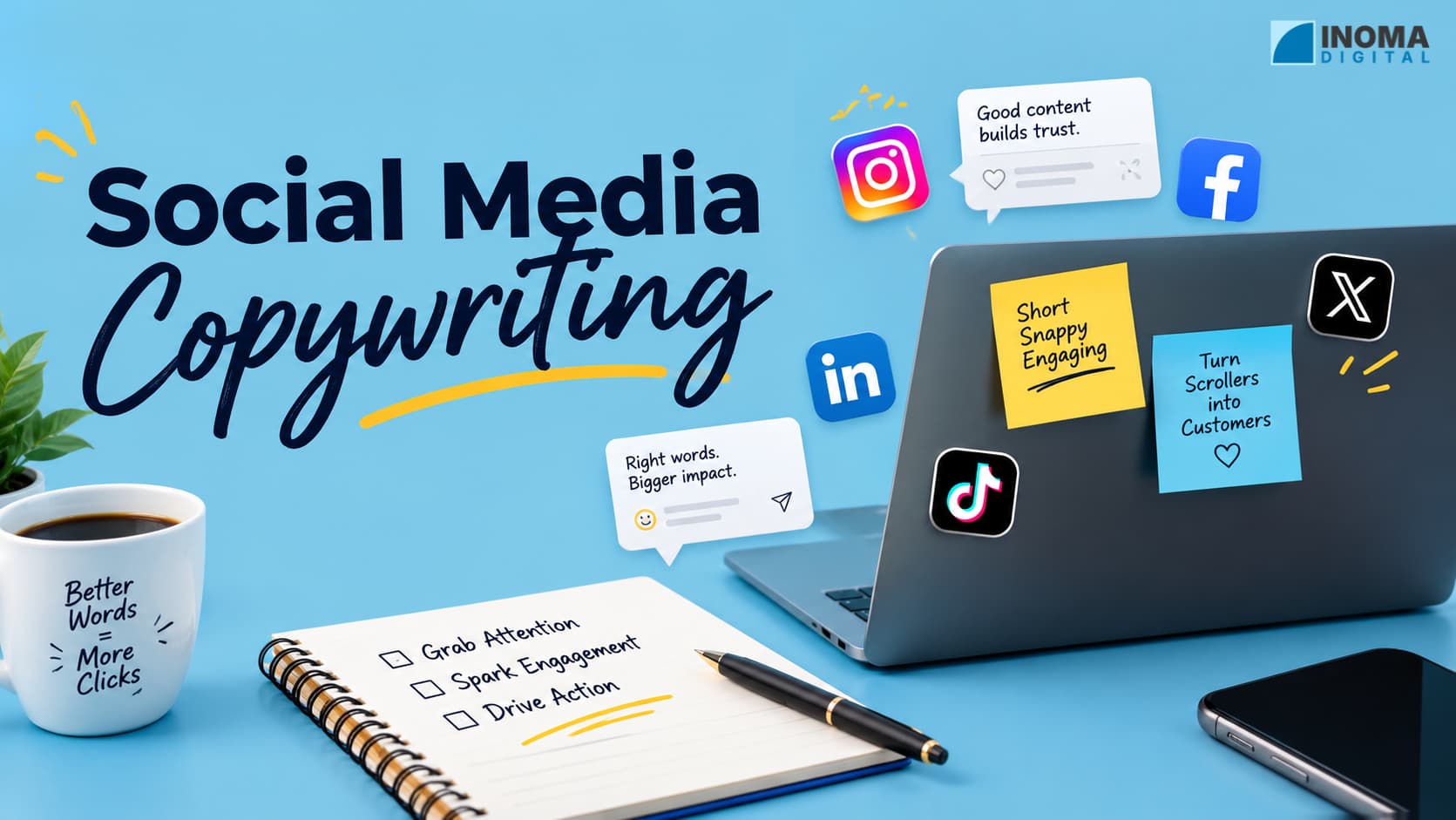 Social Media Copywriting banner with laptop, social media icons, notebook, and notes highlighting engaging content that drives action.