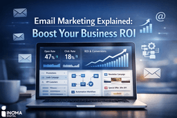 Featured image showing email marketing dashboards with open rates, click-through rates, ROI growth charts, automation workflows, and inbox visuals for business email campaigns