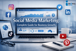 Featured image for “Social Media Marketing: Complete Guide for Business Growth” showing modern social media dashboards, engagement charts, platform icons, and a bold headline.